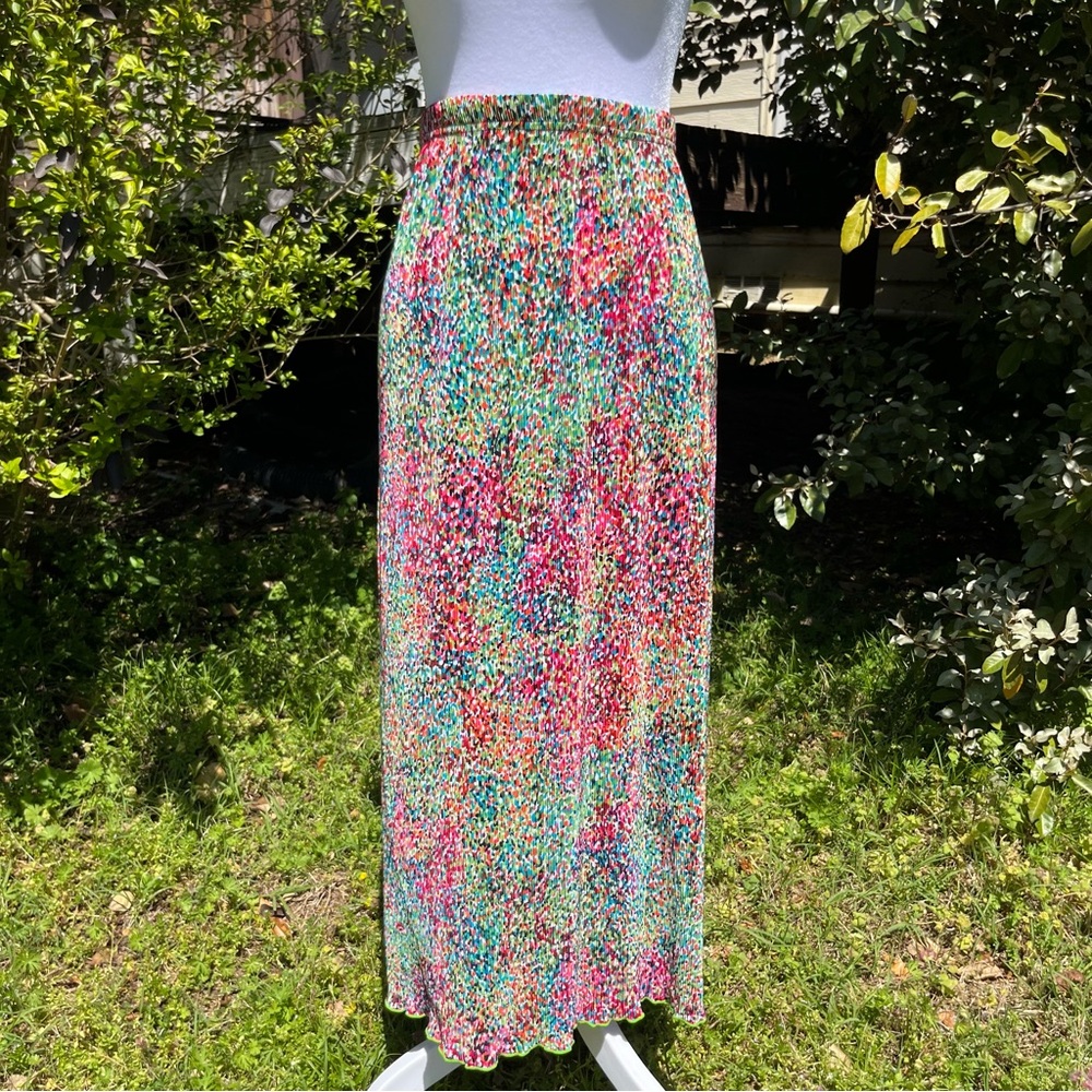 Choices Woman 2X Plus Sz Colorful Speckled Lettuce Hem Flowy Pleated Maxi Skirt